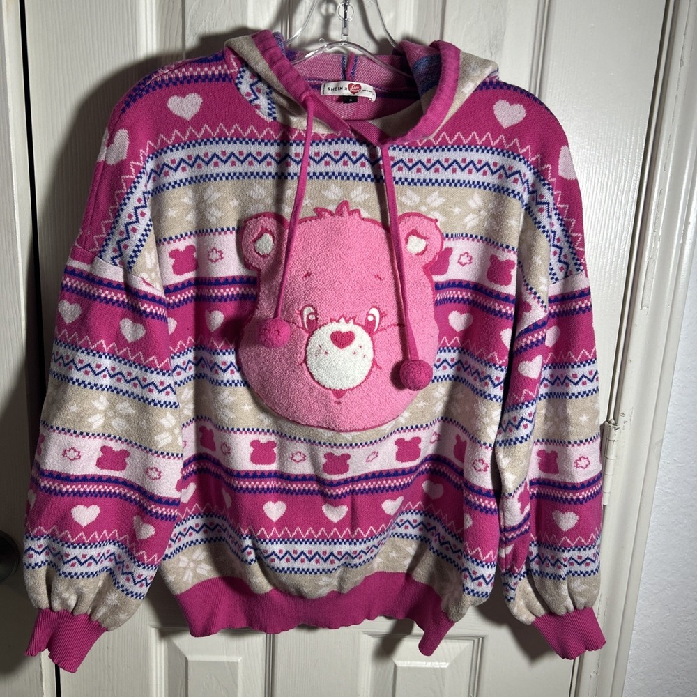 SHEIN X Care Bears Cartoon Cut Out Cropped Curved Hem Hoodie Size S Pink
